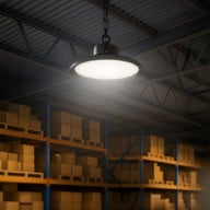 240W UFO LED high bay light, 5000K daylight, black finish, suspended in warehouse with pallet racking
