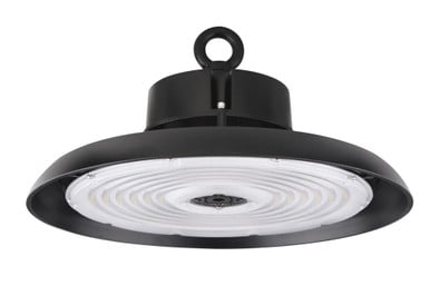 240W UFO LED high bay light, 5000K daylight, black finish, circular housing with hook mount, studio image